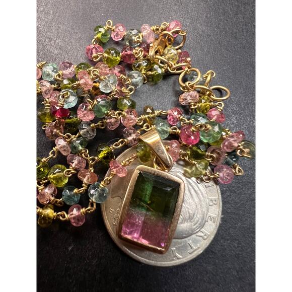 Vintage 14k & 18k gold watermelon tourmaline pendant necklace - Picture 10 of 16